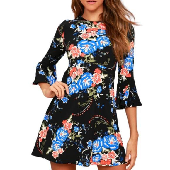 Lulus Welcome Back Black Floral Print Skater Dress Size Xs - Picture 1 of 10